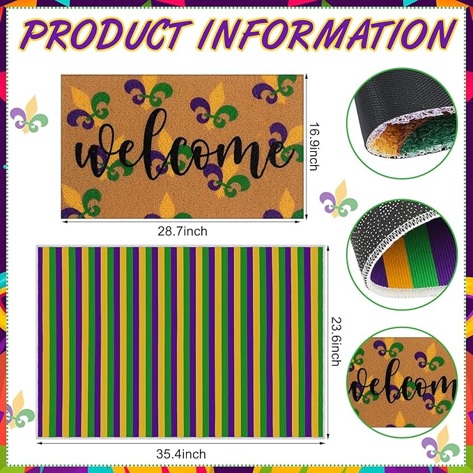 2 Pcs Door Mat Welcome Non Slip Coir Mats Floor Layering Doormats Seasonal for Front Porch Entryway Decor(Mardi Gras)