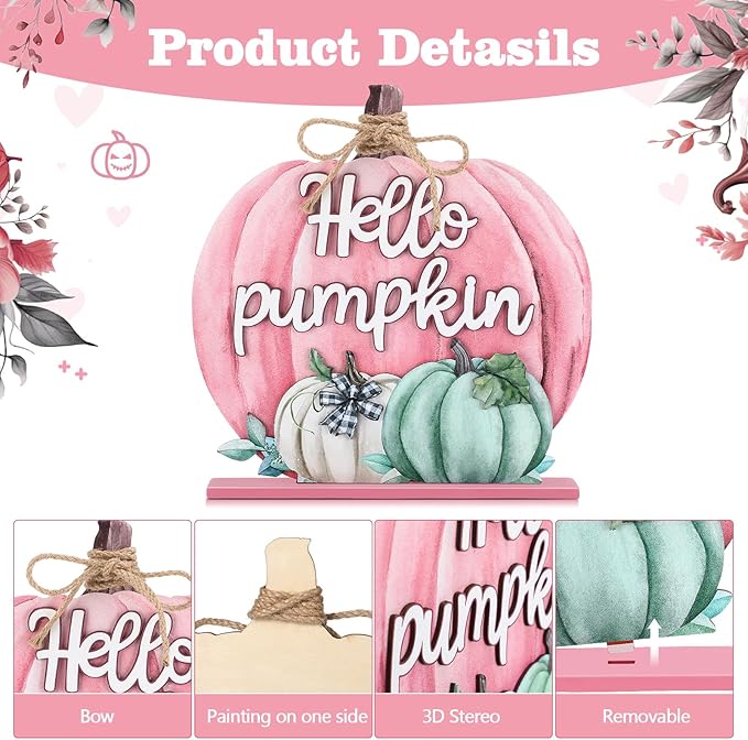 Soaoo Fall Decoration Wooden Fall Hello Pumpkin Sign Autumn Pumpkin Table Decor 11 Inch Wooden Autumn Desktop Ornament for Farmhouse Home Living Room Harvest Day Thanksgiving Decor(Pink,Lovely)