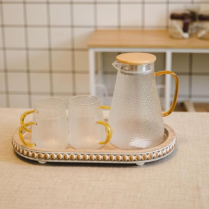 HPC Decor 15in Oval Tray for Home Decor - Brown Wood Beaded Tray - Decorative Serving Tray,Rustic Farmhouse Wooden Trays for Vintage Centerpiece,Kitchen Counter,Living Room Decor,Coffee Table Decor.