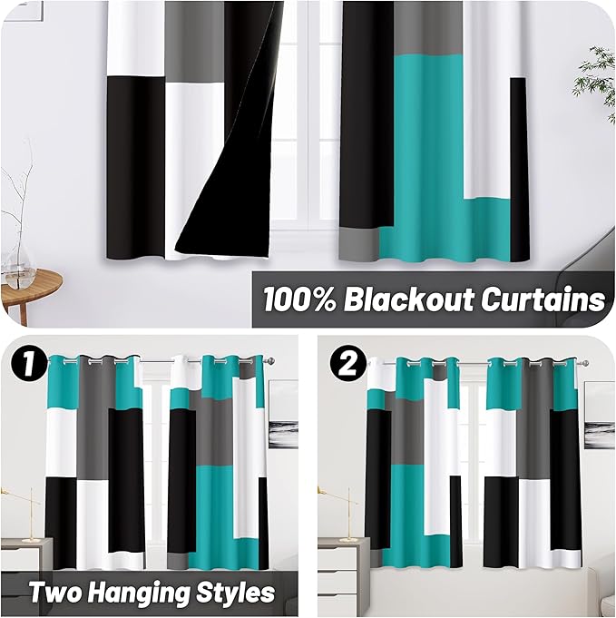 Teal/Turquoise 100% Blackout Curtains 45 inch Length 2 Panels Set Black White Grey Modern Abstract Geometric Drapes for Kitchen Curtains Insulated Room Darkening Small Window Curtains, 52Wx45L