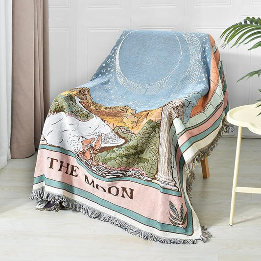 Boho Throw Blanket Reversible Cotton Bohemian Tapestry Hippie Room Decor Double Sided (Boho The Moon 50"x60")