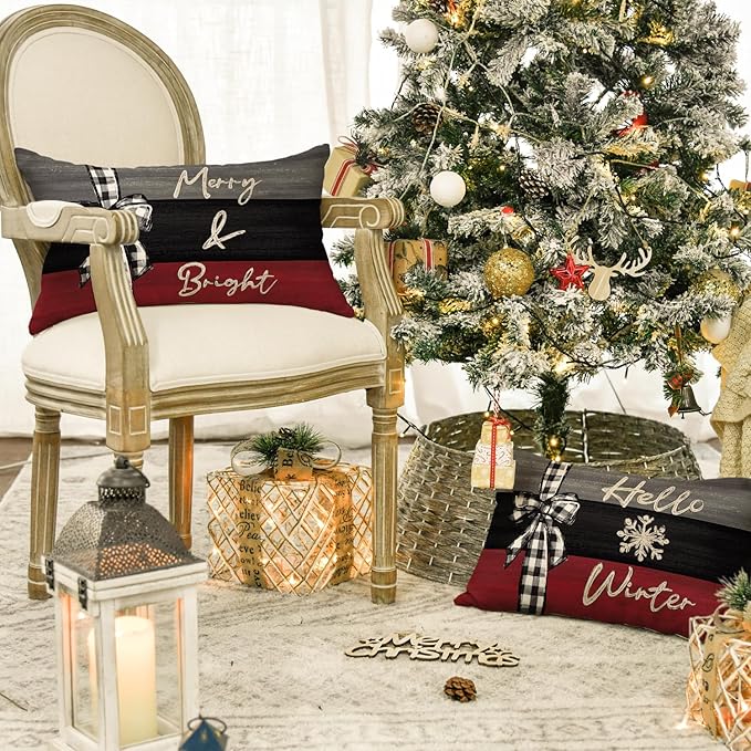 AVOIN colorlife Merry Christmas Joy Xmas Trees Red Throw Pillow Covers, 12 x 20 Inch Christmas Winter Holiday Cushion Case Decoration for Sofa Couch Set of 4