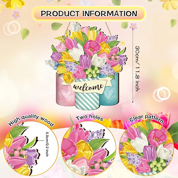 Spiareal Flower Welcome Sign Spring Front Door Decor Wood Hanging Door Outdoor Sign Spring Summer Welcome Pink Flower Wreaths Decorations for Farmhouse Floral Porch (Bright Style)