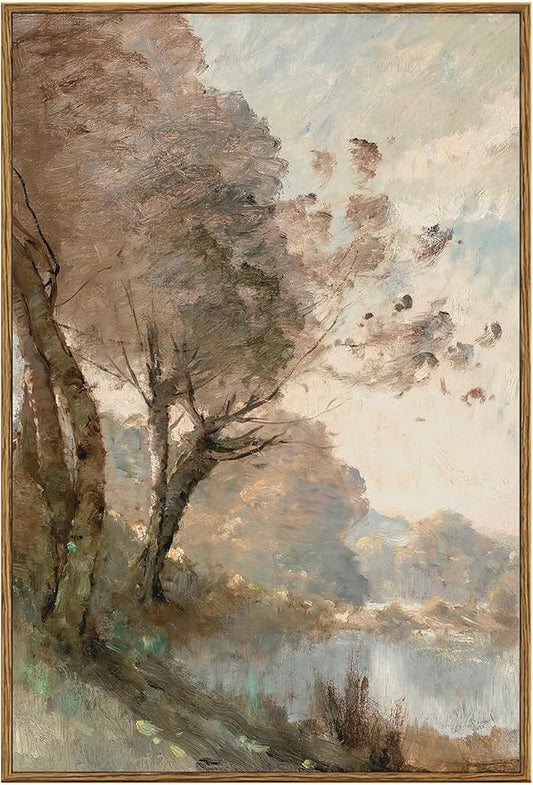 KBKBART Framed Canvas Wall Art Vintage Southwest Decor, Retro Neutral Landscape Riverside Botanical Art Prints Painting, Rustic Farmhouse Wall Decor Ready To Hang for Bedroom, Bathroom, Living Room,