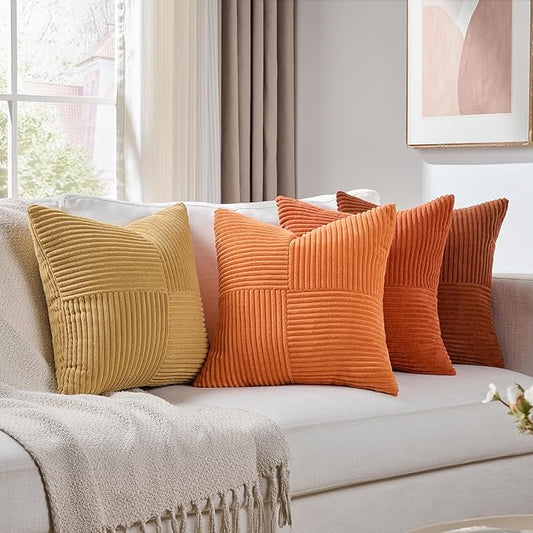 Fancy Homi Set of 4 Boho Fall Decorative Throw Pillow Covers 18x18 Inch for Couch Bed Sofa Bedroom, Modern Farmhouse Home Decor, Soft Cross Striped Corduroy Patchwork Colorful Cushion Case 45x45cm