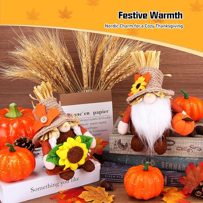 2pcs Fall Gnomes Plush Decorations for Home, Cute Thanksgiving Gnomes Plush Pumpkin Maple Leaves Fall Gnome Set Home Indoor Table Tiered Tray Decor, Thanksgiving Harvest Autumn Holiday Decoration Gift