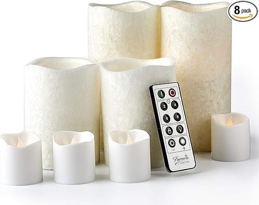 FURORA LIGHTING LED Flameless Candles with Remote Control, White in Set of 8, Real Wax Battery Operated Pillars and Votives LED Candles with Flickering Flame and Timer Featured