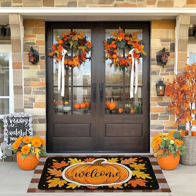 Fall Welcome Doormat 30x17 Inch Fall Pumpkin Front Door Mat Indoor Outdoor Entrance Floor Mats Non-Slip Washable Seasonal Autumn Thanksgiving Home Decor Rugs