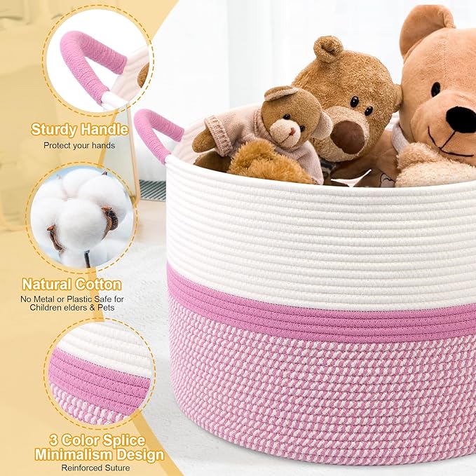 Pink Laundry Basket,20''x13''Woven Cotton Rope Laundry Hamper,Large Blanket Basket for Living Room,Baby Baskets,Kids Toy Storage Basket for Organizing,Woven basket,Clothes Hamper,Room Decor