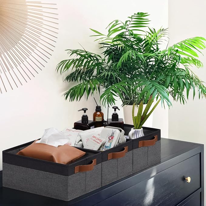 GhvyenntteS Small Fabric Storage Bins 12 Pack, 11.8" x 7.87" x 5.11" Storage Basket with Leather Handles, Closet Storage Bins for Shelves, Storage Baskets for Shelves, DVD Storage (Grey/Black)