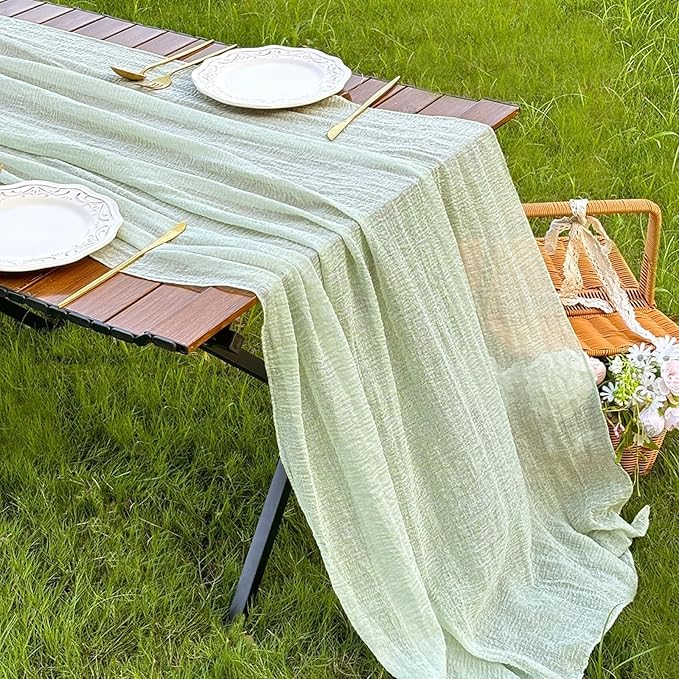 FEXIA Table Runner Sage Green Cheesecloth Table Runner 30x118 Inches for Baby Shower Decorations Spring Easter Decor Rustic Gauze for Wedding Bridal Shower First Communion Home Decor