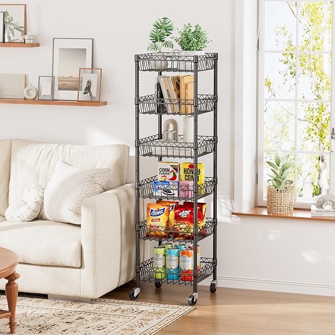 6 Shelves Storage Shelf Wire Closet Bathroom Organizers Metal Pantry Kitchen Garage Shelving Unit Laundry Room Organization Home Rack Net Basket Black with Wheels 14" Dx14 Wx64.8 H