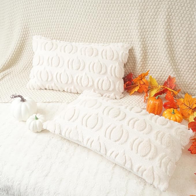GEEORY Fall Pumpkin Throw Pillow Covers 12 x 20 Inch Set of 2, Autumn Soft Plush Faux Fur Wool Decorative Farmhouse Holiday Cushion Case for Home Decoration (Beige) GC002-12