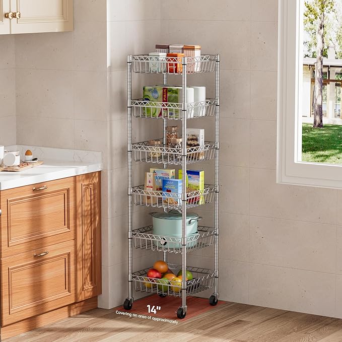 6 Shelves Storage Shelf Wire Closet Bathroom Organizers Metal Pantry Kitchen Garage Shelving Unit Laundry Room Organization Home Rack Net Basket Silver with Wheels 14" Dx14 Wx64.8 H