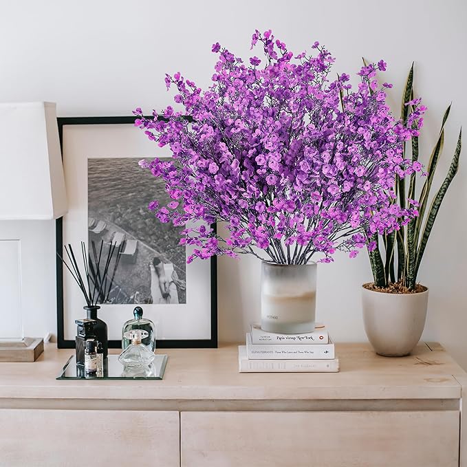 Sggvecsy 10 Pcs Babys Breath Artificial Flowers Gypsophila Bouquets Bulk Real Touch Fake Silk Flowers for Home Wedding DIY Floral Arrangement Kitchen Table Centerpiece Festival Decoration (Purple)