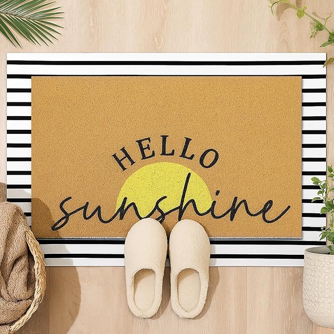 2 Pcs Door Mat Yellow Welcome Non Slip Coir Mats Stripe Floor Layering Doormats Seasonal for Front Porch Entryway Decor(Sunshine)