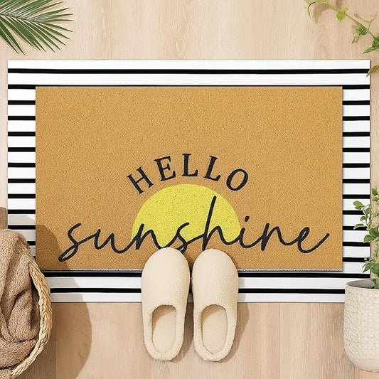 2 Pcs Door Mat Yellow Welcome Non Slip Coir Mats Stripe Floor Layering Doormats Seasonal for Front Porch Entryway Decor(Sunshine)