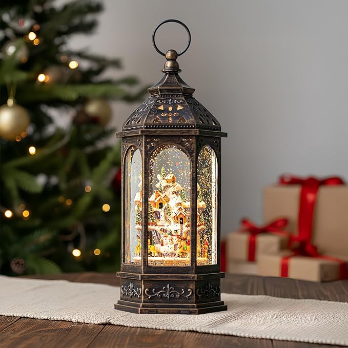 Animated Christmas Village Buildings with Moving Figurines Lighted Water Lantern, USB Lined/Battery Operated Snow Globe for Christmas Festival Decoration Gifts