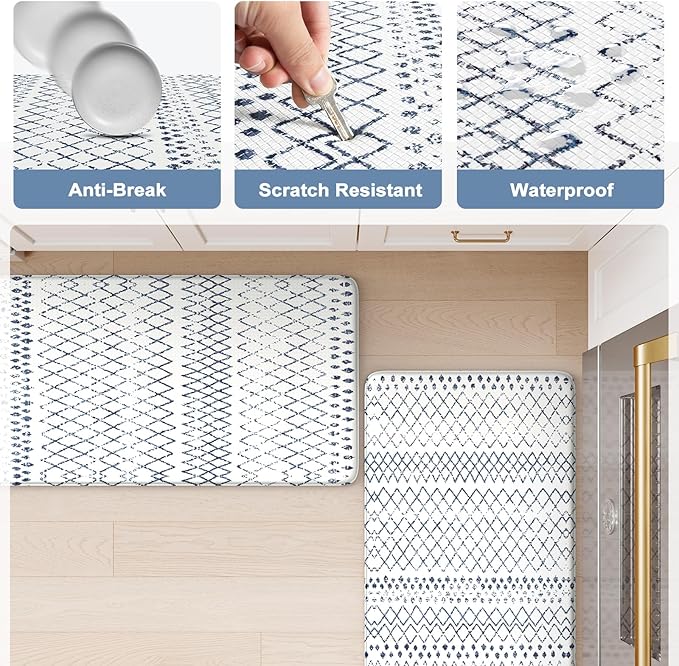 KIMODE Kitchen Mats 2PCS,Cushioned Anti Fatigue Boho Kitchen Rugs and Mats,Non Slip Waterproof Kitchen Mats for Floor,Comfort Foam Standing Desk Mat for Home,Office,Sink,Laundry,Blue and White