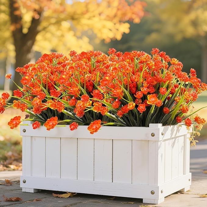 20 Bundles Artificial Fall Flowers for Outdoors Fall Decorations-UV Resistant Fake Mums Faux Plants Plastic Flowers Greenery Home Porch Gardens Fireplace Patio Autumn Indoor Thanksgiving Decor(Orange)
