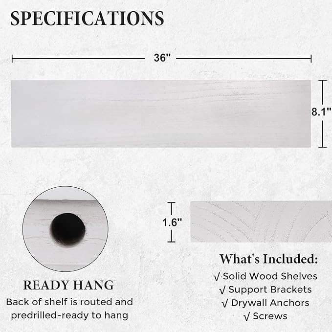 Axeman Floating Shelves, 8 Inch Deep Rustic Solid Wood Wall Shelves for Storage, Wall Mounted Display Shelving with Invisible Heavy-Duty Metal Bracket, 36" W x 8" D x 1.6" H, Distressed White