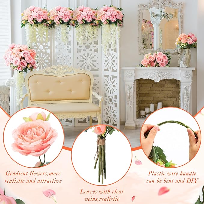 Geosar 8 Bundles Artificial Peonies Flowers Fake Silk Peony Bouquet Faux Peonies Flowers Bulk for Decoration Vase Florals Arrangements Wedding Party Table (Peach Pink,Light Pink)