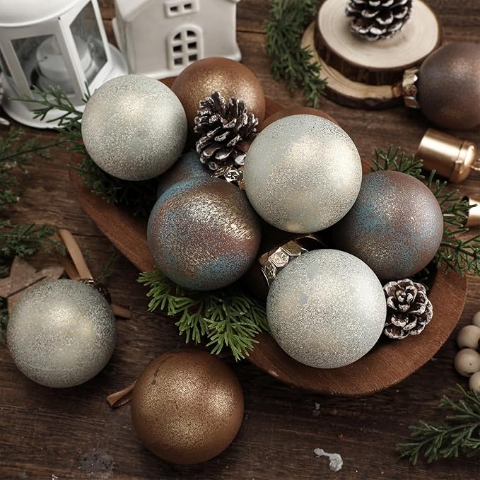 12 Pcs Neutral Textured Christmas Ball Ornaments 2.36'' Vintage Christmas Tree Decor Modern Rustic Brown Ornaments with Loop Shatterproof Hanging Ball for Xmas Farmhouse Decor (Earth Color)