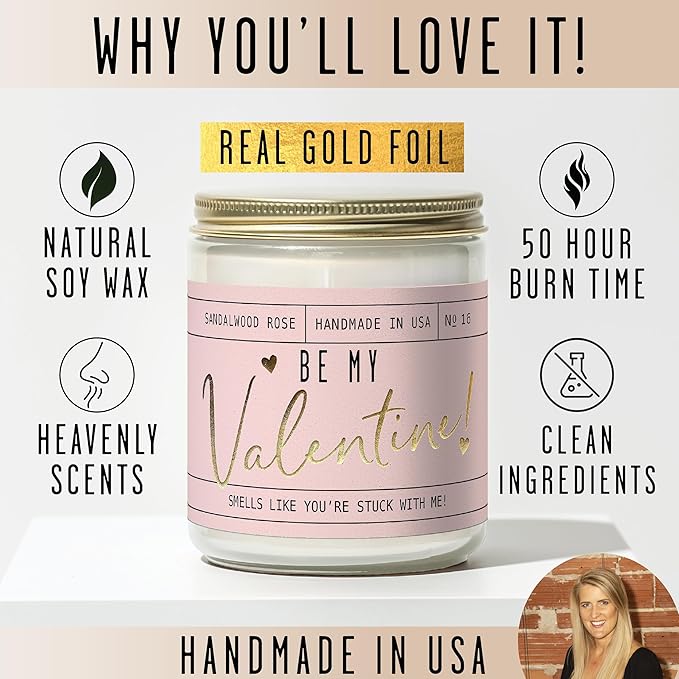 Valentines Day Gifts for Her, Valentine Candles, Valentines Gift for Girlfriend -"Will You Be My Valentine" Candle, w/Sandalwood & Red Roses I Valentines Gifts for Wife I 9oz, 50Hr Burn, USA Made