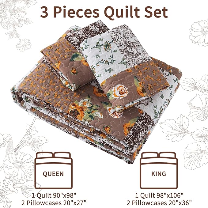 VAPUTAR King Size Quilt Set, Farmhouse King Quilt Bedding Set with Floral Plaid Pattern, Soft and Breathable Coverlet Set, Lightweight Reversible Bedspread Coverlet Suitable for All Season.