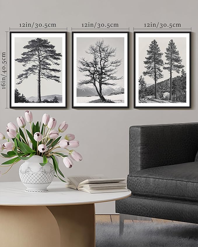 KUVIOKE Vintage Black Gray Forest Wall Art Framed Antique Retro Tree Prints Modern Rustic Artwork Bedroom Living Room Ready to Hang 12x16in (Black Framed)
