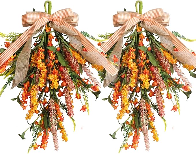 Set of 2 PCS Fall Swags with Artificial Flowers Berries for Front Door, Autumn Fall Teardrop for Indoor Outdoor, Harvest Thanksgiving Teardrops for Mailbox