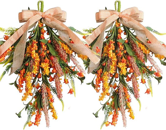 Set of 2 PCS Fall Swags with Artificial Flowers Berries for Front Door, Autumn Fall Teardrop for Indoor Outdoor, Harvest Thanksgiving Teardrops for Mailbox
