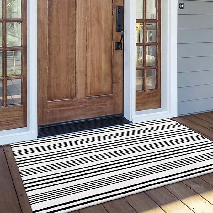 OJIA Black and White Outdoor Rug 2'x4.3', Fall Door Mats Outdoor Cotton Woven Halloween Doormat Front Porch Rug Machine Washable Indoor Door Mat Entryway Striped Rugs for Farmhouse/Kitchen