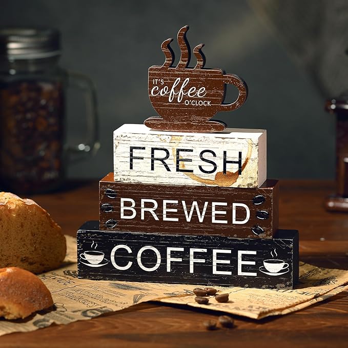 Geelin 4 Pcs Coffee Bar Decor Wood Blocks Mini Coffee Bar Wooden Signs Book Stacks Accessories Rustic Table Sign Farmhouse Tiered Tray Decor for Home Table