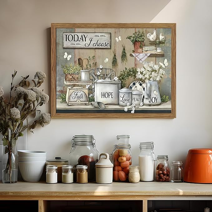 Rustic Kitchen Wall Art, Farmhouse Inspirational Canvas Wall Decor Paintings, Kitchen Flower Butterfly Posters Prints Pictures Artwork for Bathroom Dining Room Bedroom 16x24 Inch Wood Framed