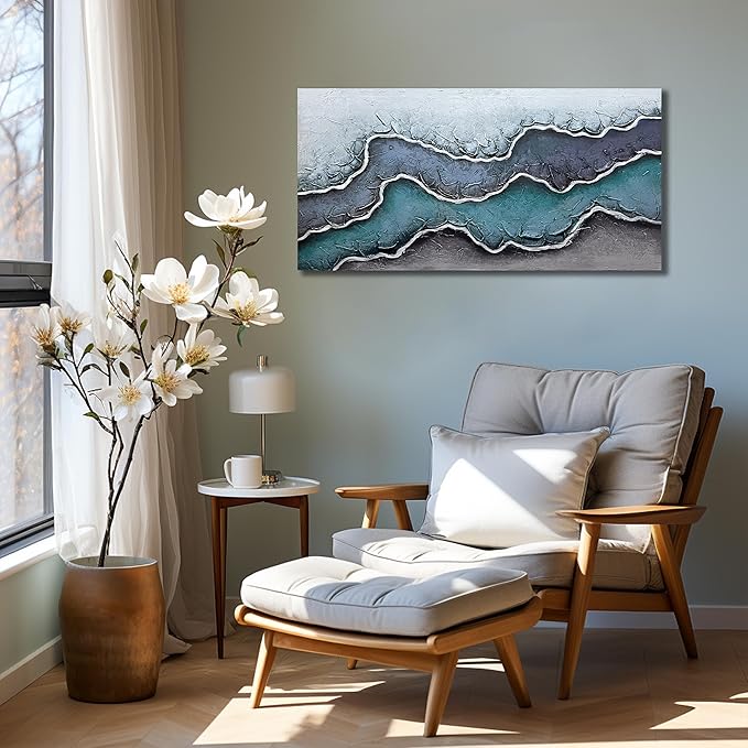 Beach Theme Painting Wall Art for Living Room Blue and White Canvas Wall Art for Office Hand Painted Wall Decor for Dining Room Size 20 x 40 Inch