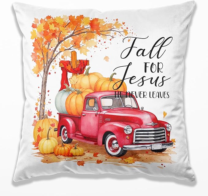 Christian Fall Pillow Covers 18x18, Farmhouse Autumn Decor, Fall for Jesus He Never Leaves Autumn Maple Leaf Pumpkin Pickup Truck Decorative Throw Pillow Covers for Home Bedroom Living Room