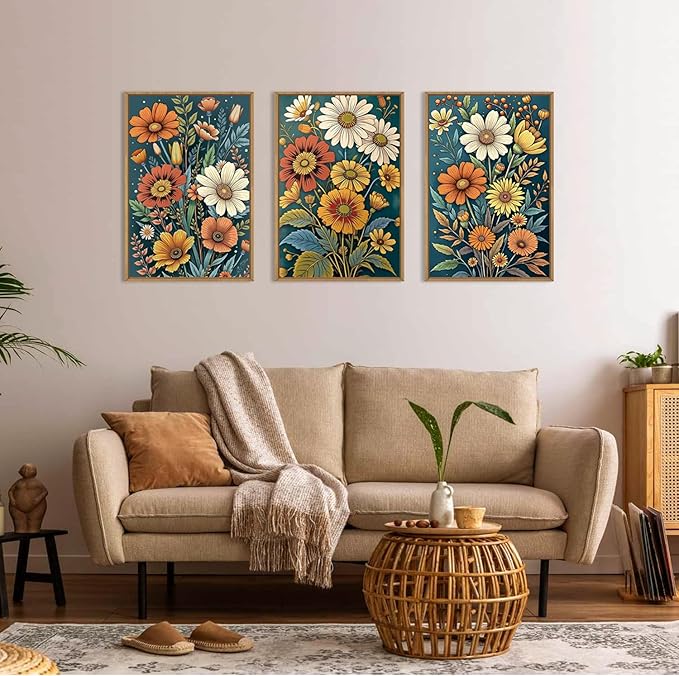HOURIA Retro Boho Flower Framed Canvas Wall Art Set,Colorful Wilderness Floral with Green Leaves Wall Decor,Nature Botanical Wall Painting,Vintage Bouquet Art Prints for Living Room, Bedroom-16"x24"x3