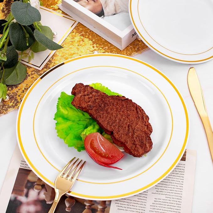 FLOWERCAT 60PCS Gold Plastic Plates - Heavy Duty White and Gold Plastic Plates Disposable for New Year/Thanksgiving Party/Wedding - Include 30PCS 10.25" Dinner Plates and 30PCS 7.5" Dessert Plates
