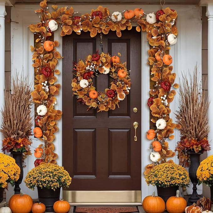 Zeyune 1 Pcs 6ft Long Fall Artificial Garland with Pumpkin Autumn Mixed Eucalyptus Garland Farmhouse Hanging Rustic Fall Wreath Decor for Front Door Kitchen Fireplace Home Indoor Outdoor