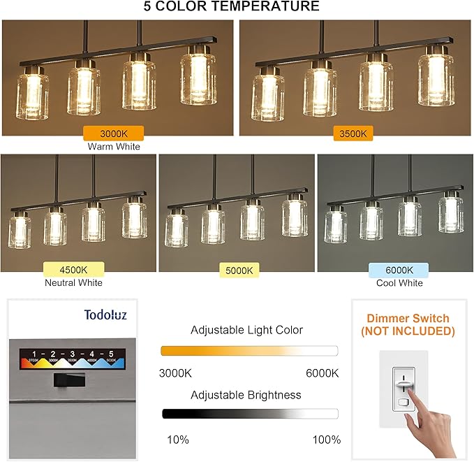 5CCT LED Brushed Nickel Pendant Light Fixtures LED Integrated Bulbs Included, 4-Light Farmhouse Chandedlier for Dining Room, Clear Glass Kitchen Island Light Fixture