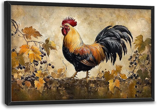 Flintis Large Rooster Framed Wall Art Vintage Chicken Grapevine Pictures Wall Decor Abstract Animal Canvas Painting Print Artworks Decor Framed for Living Room Bathroom Master Bedroom 36L X 24W