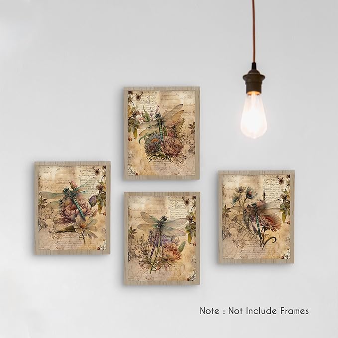 HRQKO Vintage Retro Dragonfly Flower Wall Art Poster Prints Set of 4, Dragonfly Floral Pictures Artwork Printing Posters Wall Decor, Blossom Botanical Prints for Bathroom Living Room 8”x10” Unframed