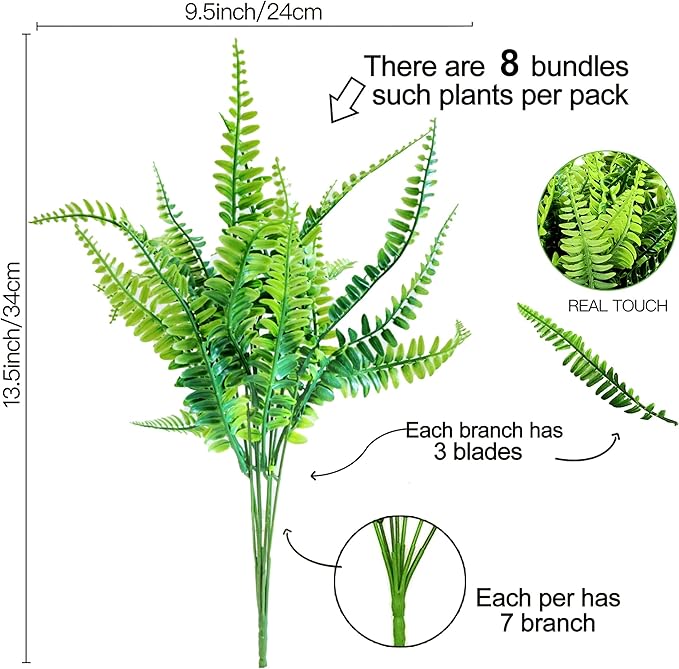 8 Bundles Ferns Artificial Plant Flower Outdoor Fake Boston Fern Bushes UV Resistant Plastic Faux Fern Greenery Stems Leaves for Home Indoor Outside Ground Porch Garden Arrangements Décor