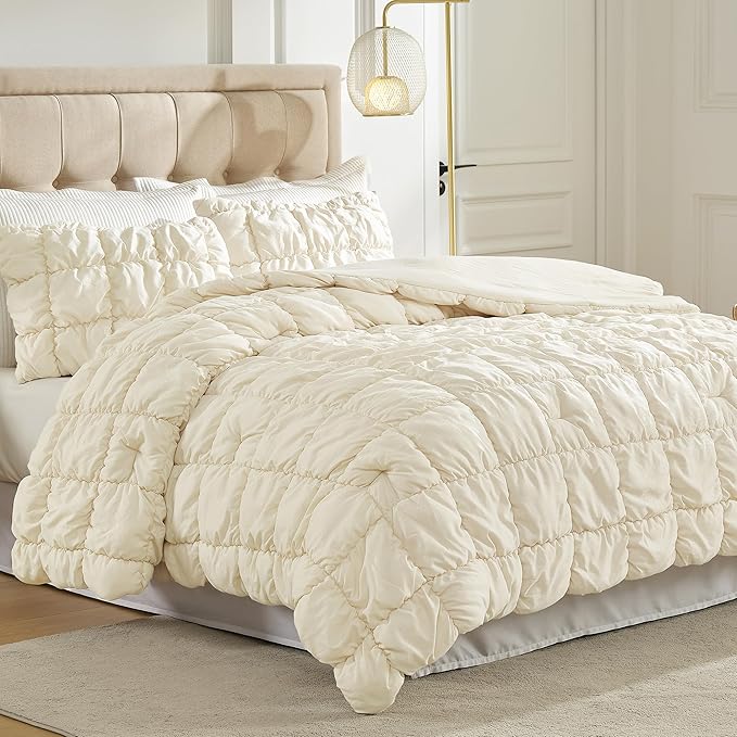 Amelie Home Beige Bubble Comforter Set Queen Size, 3 Pieces Ultra Soft Cozy Bedding Set for All Seasons, Farmhouse Luxury Gift for Women Home Decor, 90 x 90 inches