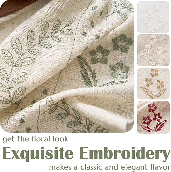 jinchan Belrose Linen Curtains for Bedroom Floral Curtains 96 Inch Length Linen Blend Sage Green Embroidered Drapes Farmhouse Flower Patterned Drapes for Living Room Window Treatments Set 2 Panels