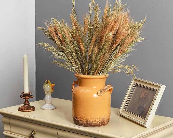 Quoowiit Ceramic Rustic Farmhouse Vase, Distressed Decorative Flower Vases for Home Decor, Ideal Shelf Decor, Yellow Boho Vase for Living Room Bedroom Kitchen Office Centerpiece Table Decorations