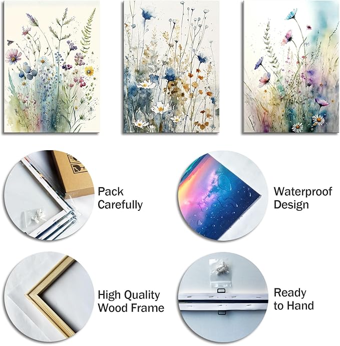 dgbtcart Watercolor Flower Canvas Wall Art Bathroom Decor Elegant Floral Wall Decor Colorful Botanical Painting Prints Flower Pictures for Living Room Bedroom Home Office Decoration 12"x16"x3pcs