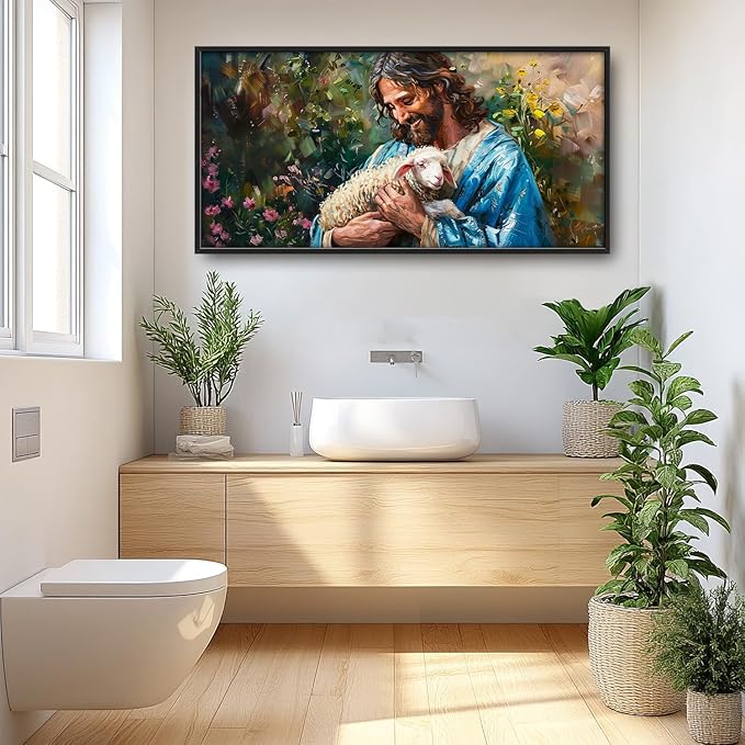 Flintis Large Jesus and Lamb Wall Art Christian Jesus Portrait Pictures Wall Decor Religion Canvas Painting Print Artwork Decoration Framed for Living Room Bathroom Master Bedroom Office 60L x 30W