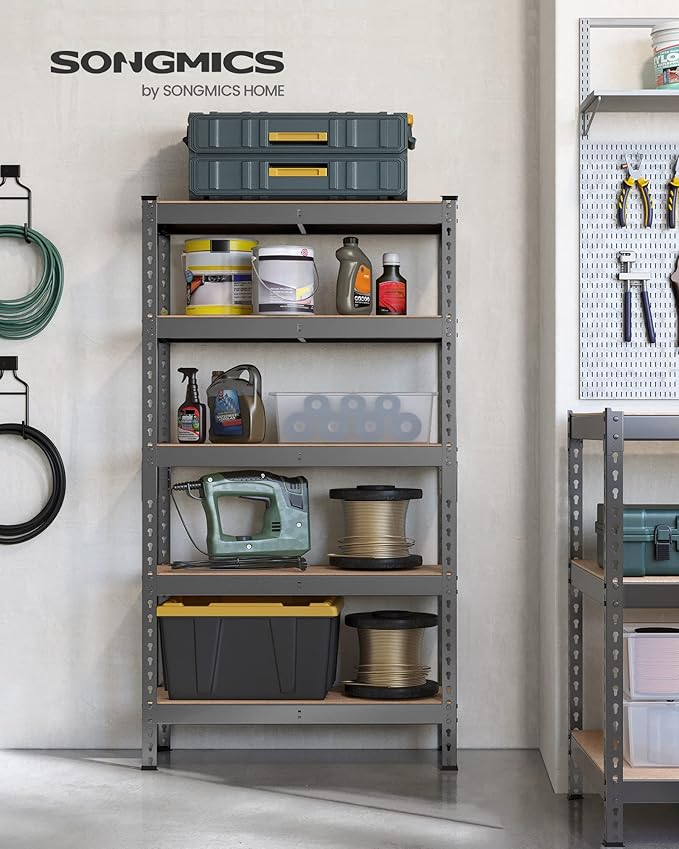 SONGMICS 5-Tier Storage Shelves, Load 2310 lb, Garage Storage, Boltless Assembly, Adjustable Shelving Unit, 11.8 x 29.5 x 59.1 Inches, for Study Shed Basement, Gray and Natural Beige UGLR300G01